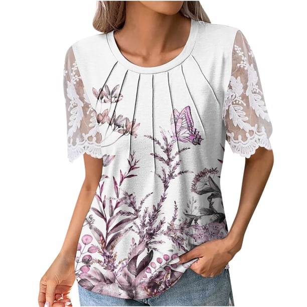 Fiudx Camisetas para Mujer Camiseta Estampada a La Moda para Mujer, Blusa de Manga Corta con Encaje, Tops Informales con Cuello Redondo