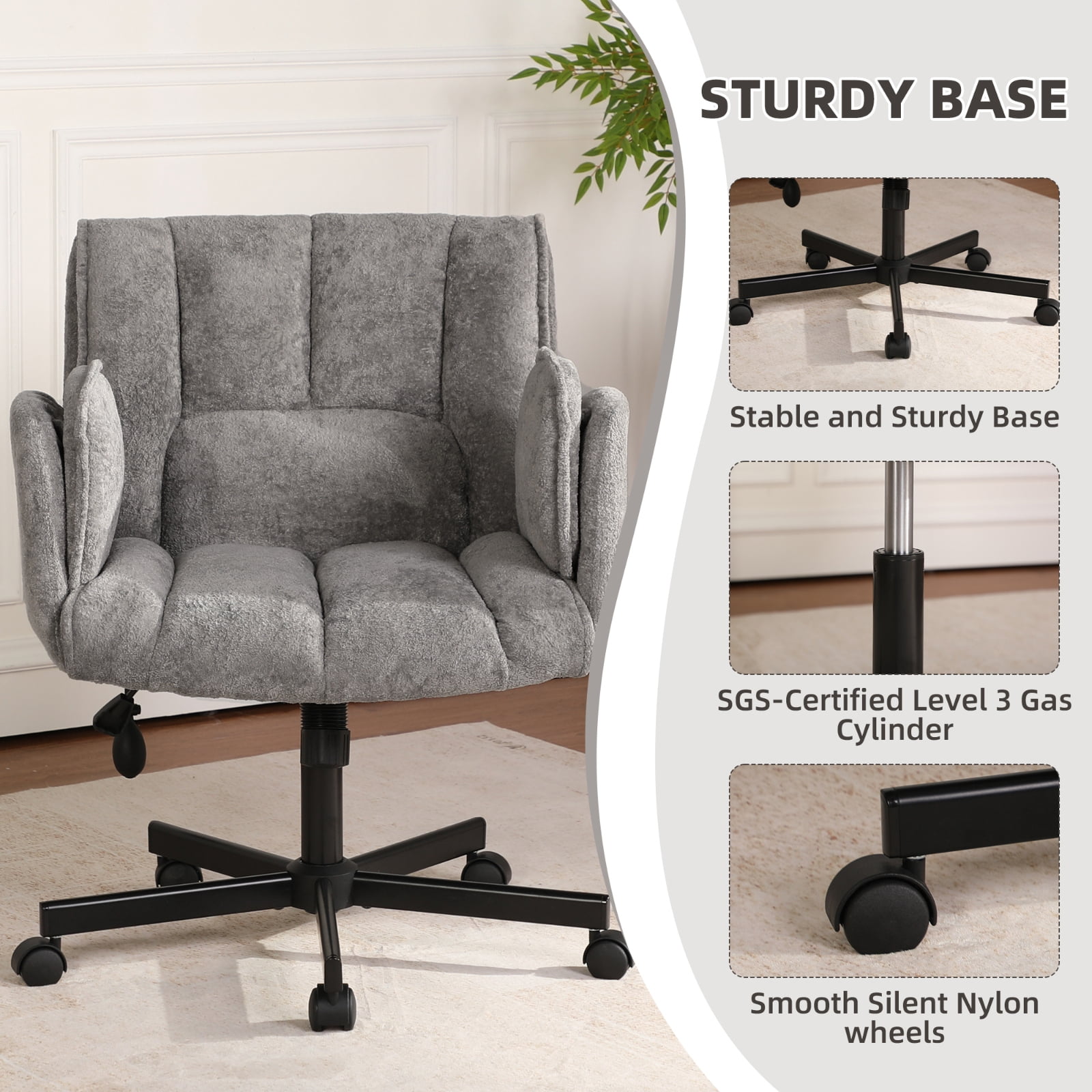 Cross Legged Office Chair with Wheels & Dynamic Airbag Lumbar Support, Criss Cross Wide Seat, 5-Position Fold-Down Armrests, Swivel Vanity Chair for Home Office, Gray