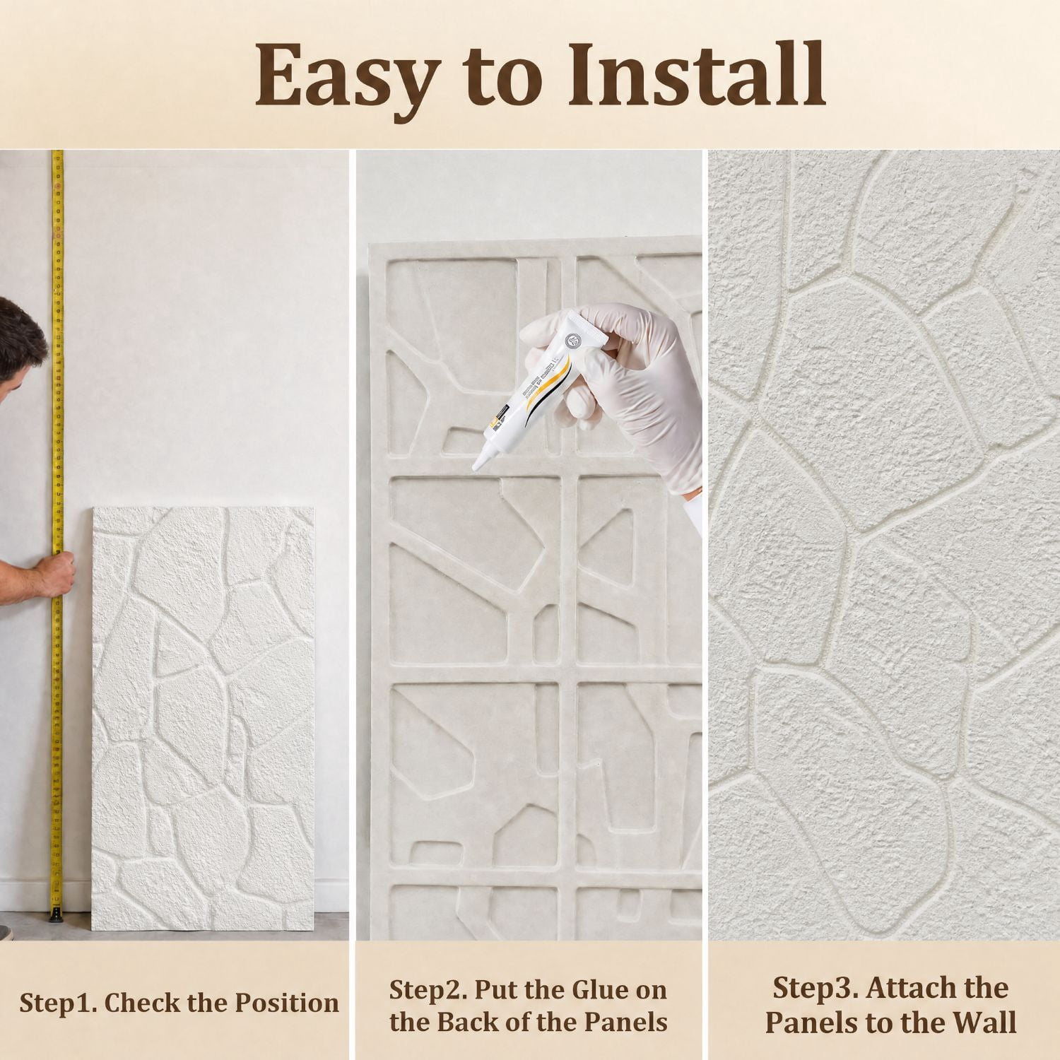 Easy4Home 4Pcs 48"x24" 3D Faux Stone Wall Panels Imitation Decorative Wall Tiles for Interior Wall Decor, Ivory White