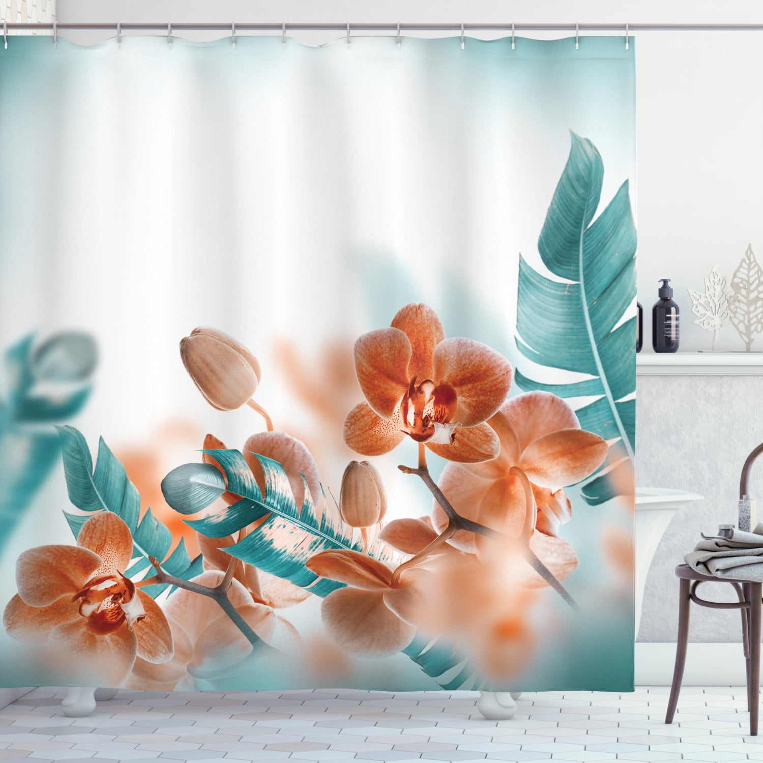 Beautiful Flowers Print On The Orange Cloth Bathroom Fabric Shower Curtain 71In