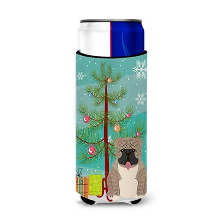 

Merry Christmas Tree English Bulldog Grey Brindle Michelob Ultra Hugger for Slim Cans