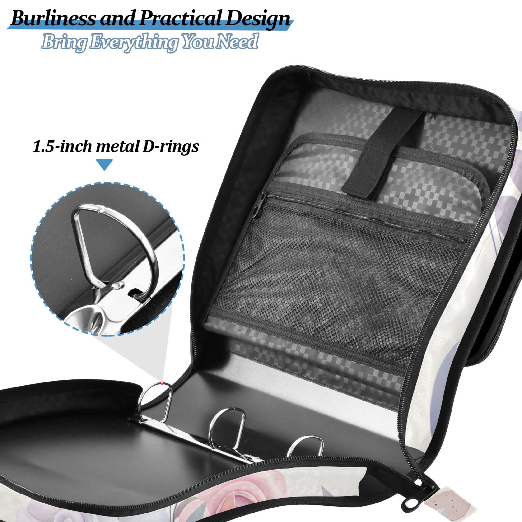 3 Ring Zipper Binder with Shoulder Strap Waterproof Trapper Keeper 2 Inch D-Ring 500 Sheets Capacity Hearts and Roses