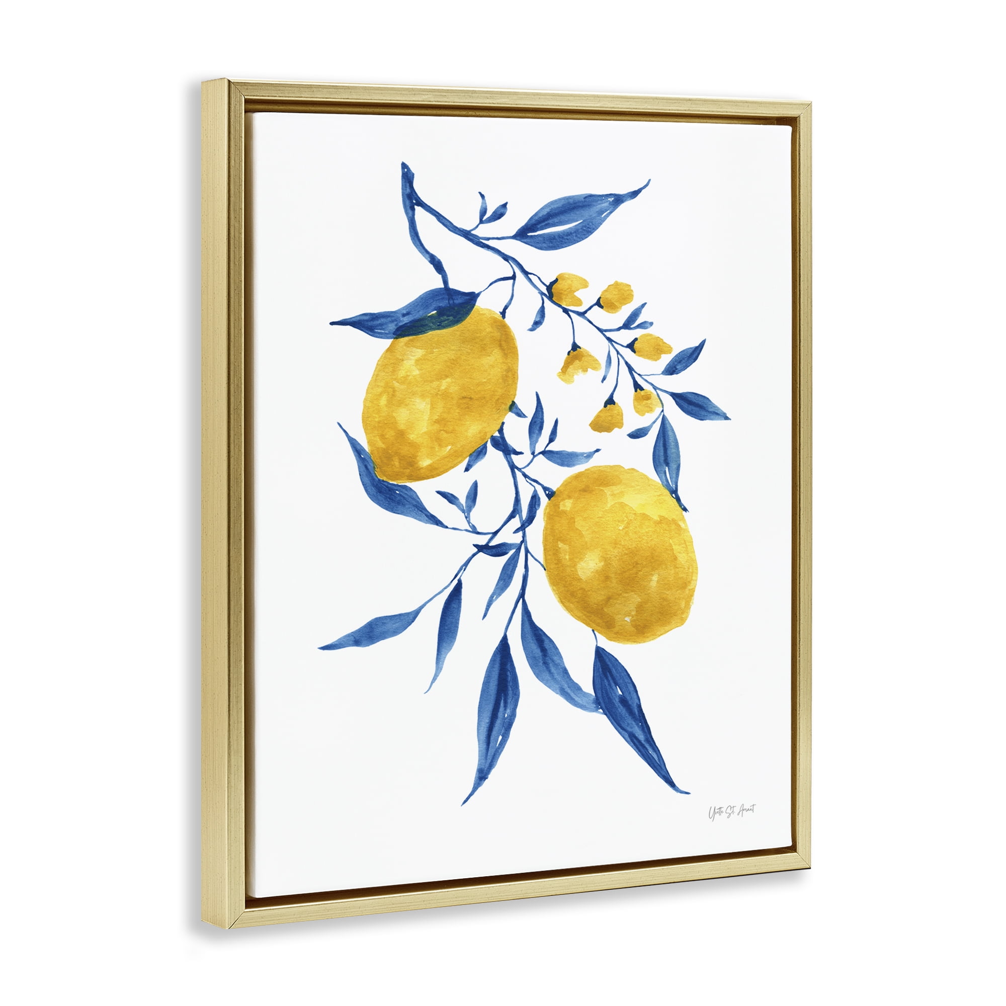 Stupell Industries Lemons with Blue Leaves Food & Beverage Painting Gold Floater Framed Canvas Art Print Wall Art, 17 x 21