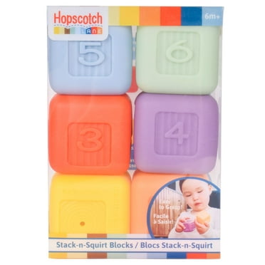 Hopscotch Lane Stack-n-Squirt Blocks - 6 Pack  Soft Plastic Bath Squirters, Baby & Toddler 6  Months