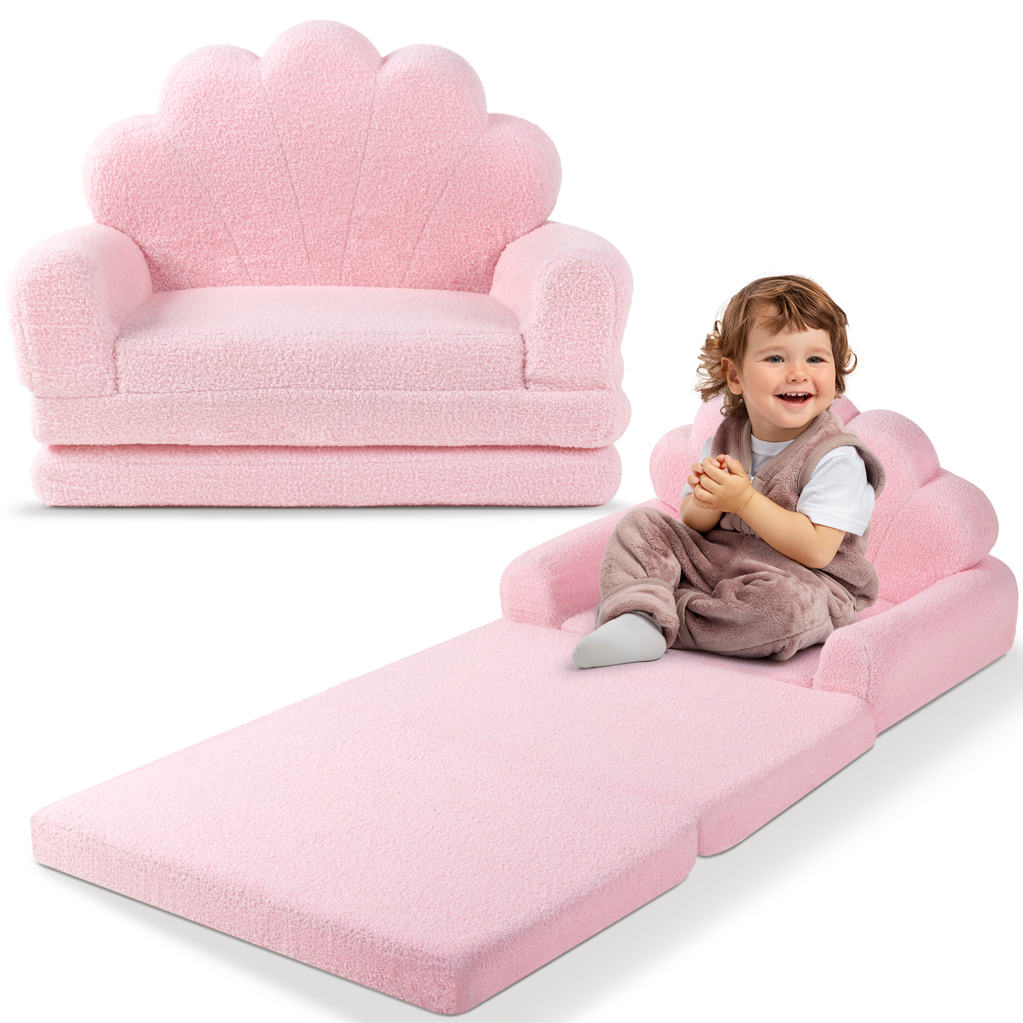 spanspace Kids Chairs for Toddler,Flip-Out 2-in-1 Convertible Chair to Lounger for Girls and Boys, Teddy Fleece Fabric, Pink