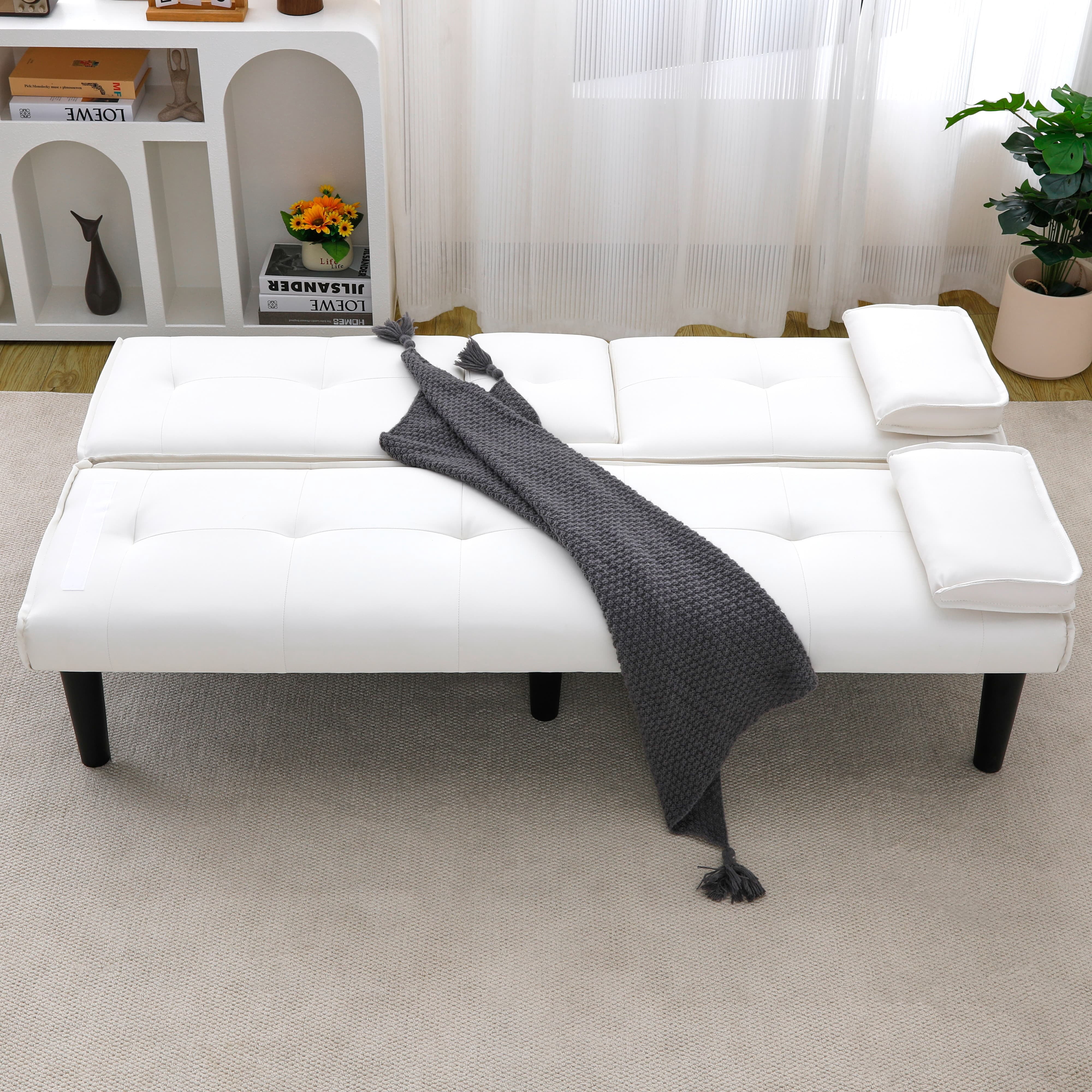 MAYEERTY 67" Convertible Sofa Bed PVC Loveseat Sofa with Cup Holder for Apartment, Living Room, Small Space, White