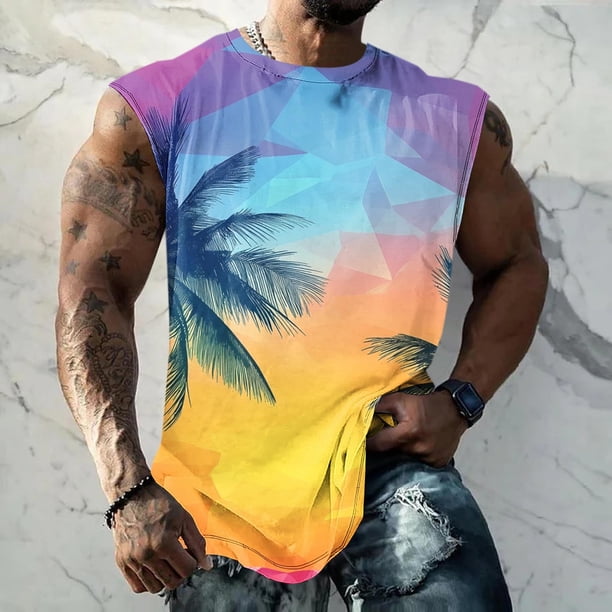 Camiseta sin mangas de cuello redondo para hombre, informal, a la moda, con estampado, sin mangas, deportiva, con cuello redondo