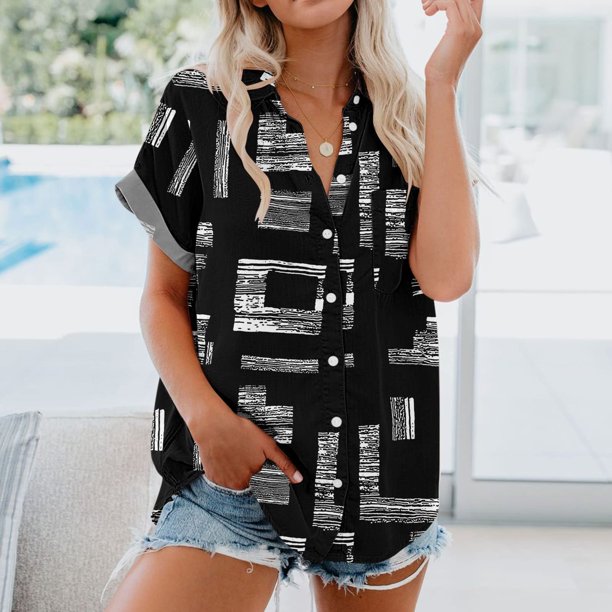 Fiudx Liquidación de Ofertas Flash Blusa Casual de Solapa para Mujer con Estampado de Manga Corta y Botones