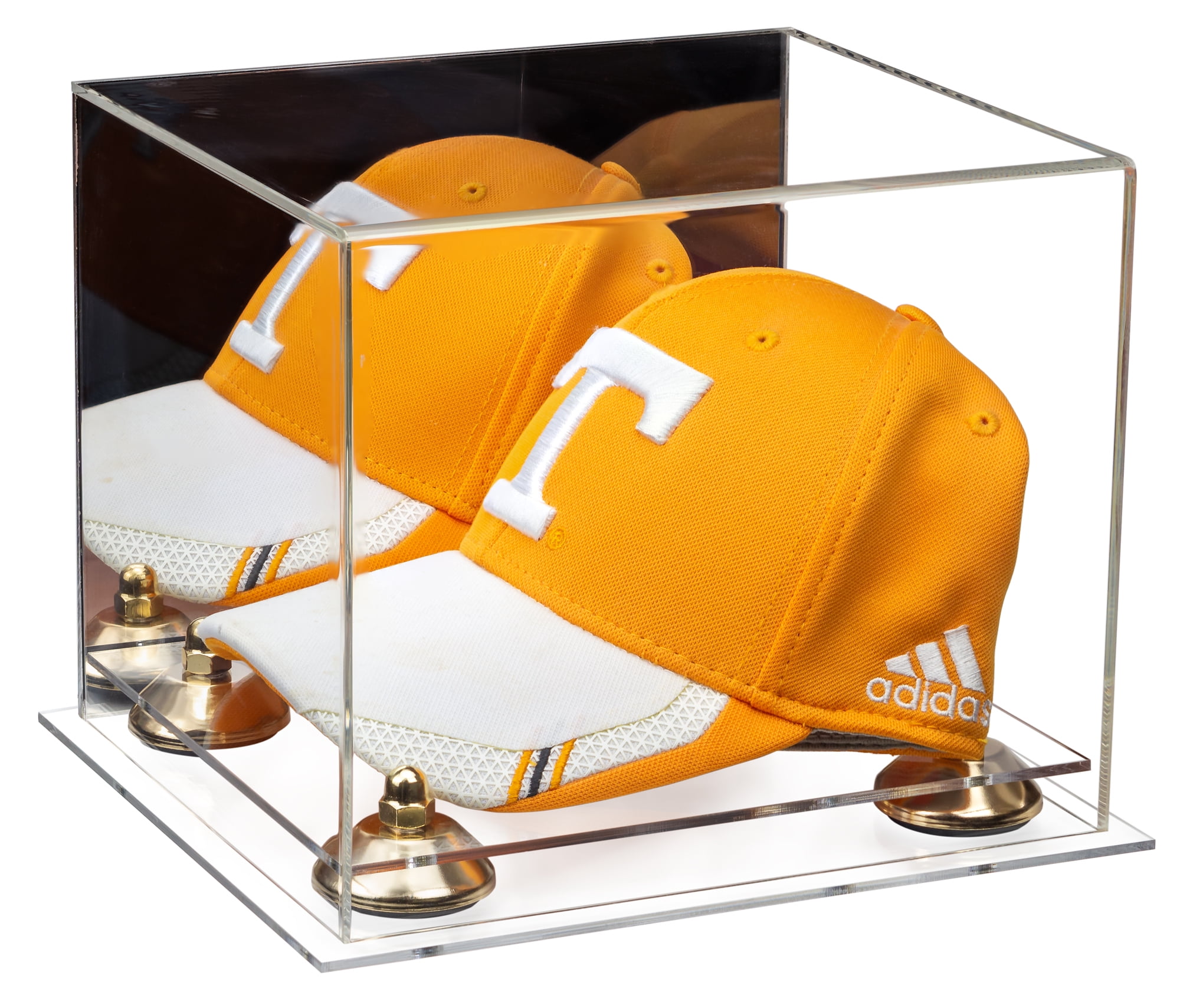 Acrylic Baseball Hat or Cap Display Case with Mirror, Gold Risers and
