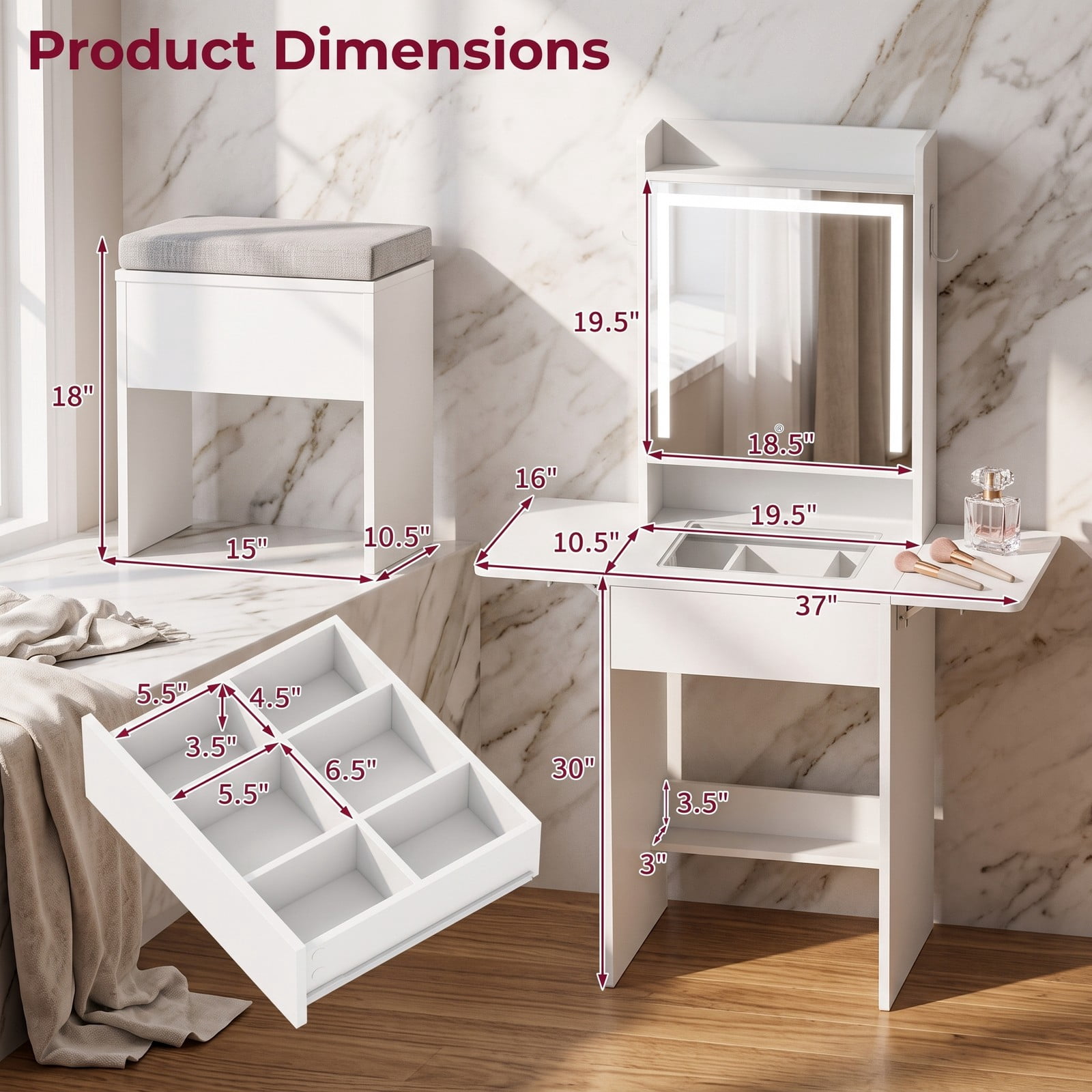 Furnibear Space Saving Vanity Desk with Foldable Drop Leaf Tables and LED Lighted Mirror and Storage Stool for Small Bedroom,White