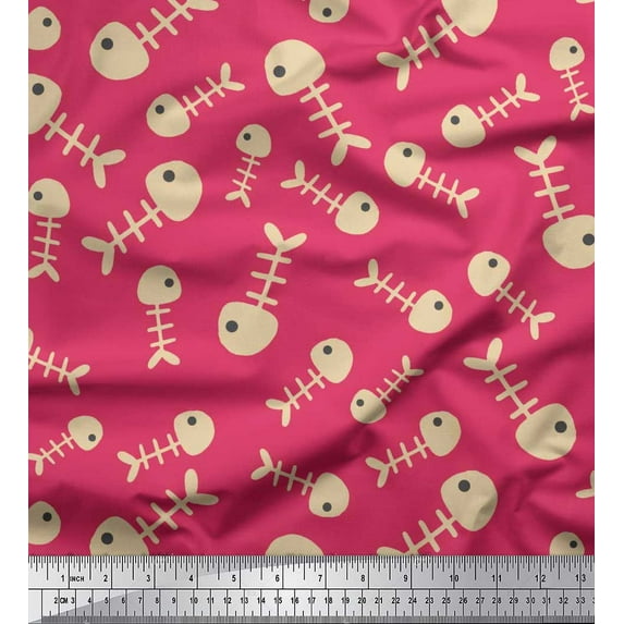 Soimoi Pink Modal Satin Fabric Fish Skeleton Ocean Fabric Prints By Yard 42 Inch Wide