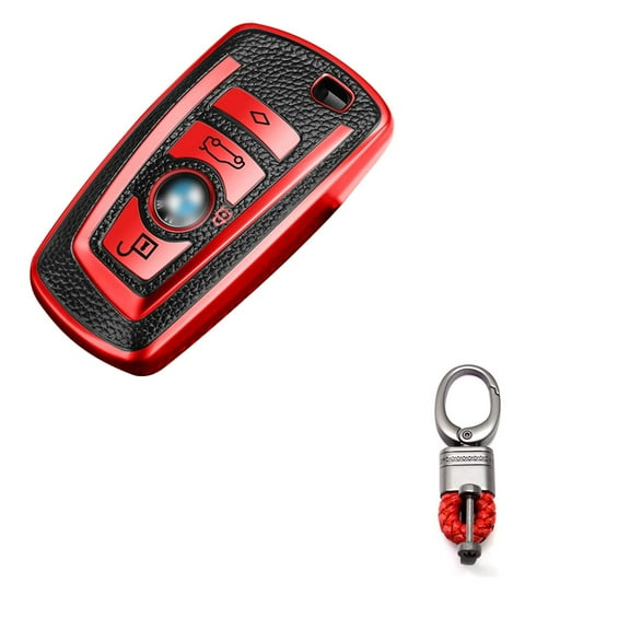 x xotic tech Red TPU Grainy Leather Texture Key Fob Shell Cover Case w/ Keychain, Compatible with BMW 1 2 3 4 5 6 7 Series X3 X4 4-Button Smart Keyless Entry Key