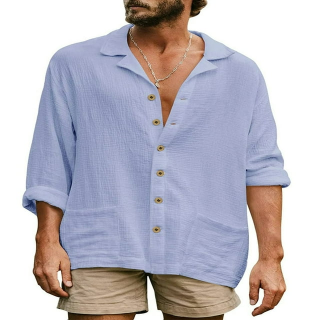 Casual Button down Tops with Pockets for Men‘s Long Sleeve Shirts