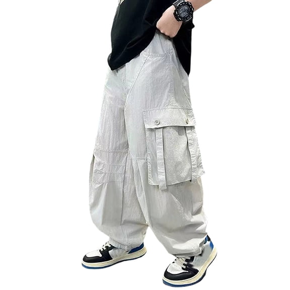 ZXLBBD Boys Baggy Cargo Pants High Waisted Loose Fit Solid Color Cargo Trousers with Pockets for Kids Streetwear Versatile Casual Outdoor,Grey,Size 11 Y-12 Y