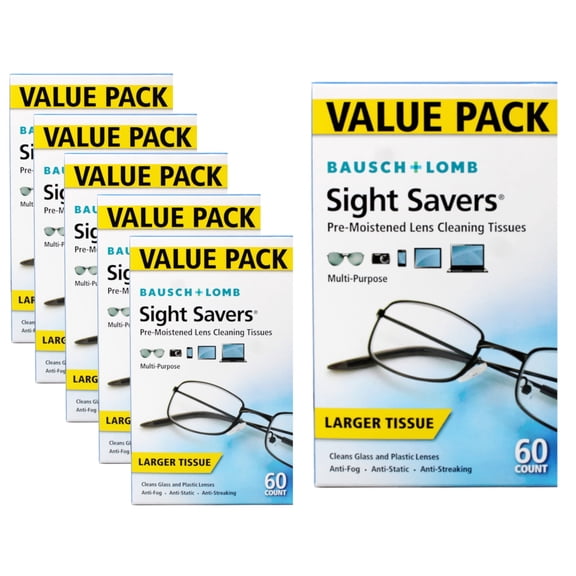 Bausch & Lomb Sight Savers Pre-Moistened Lens Cleaning Tissues, Anti-Fog, Anti-Static, Anti-Streaking, Cleans Glass and Plastic, 60 ct - 6 Pack