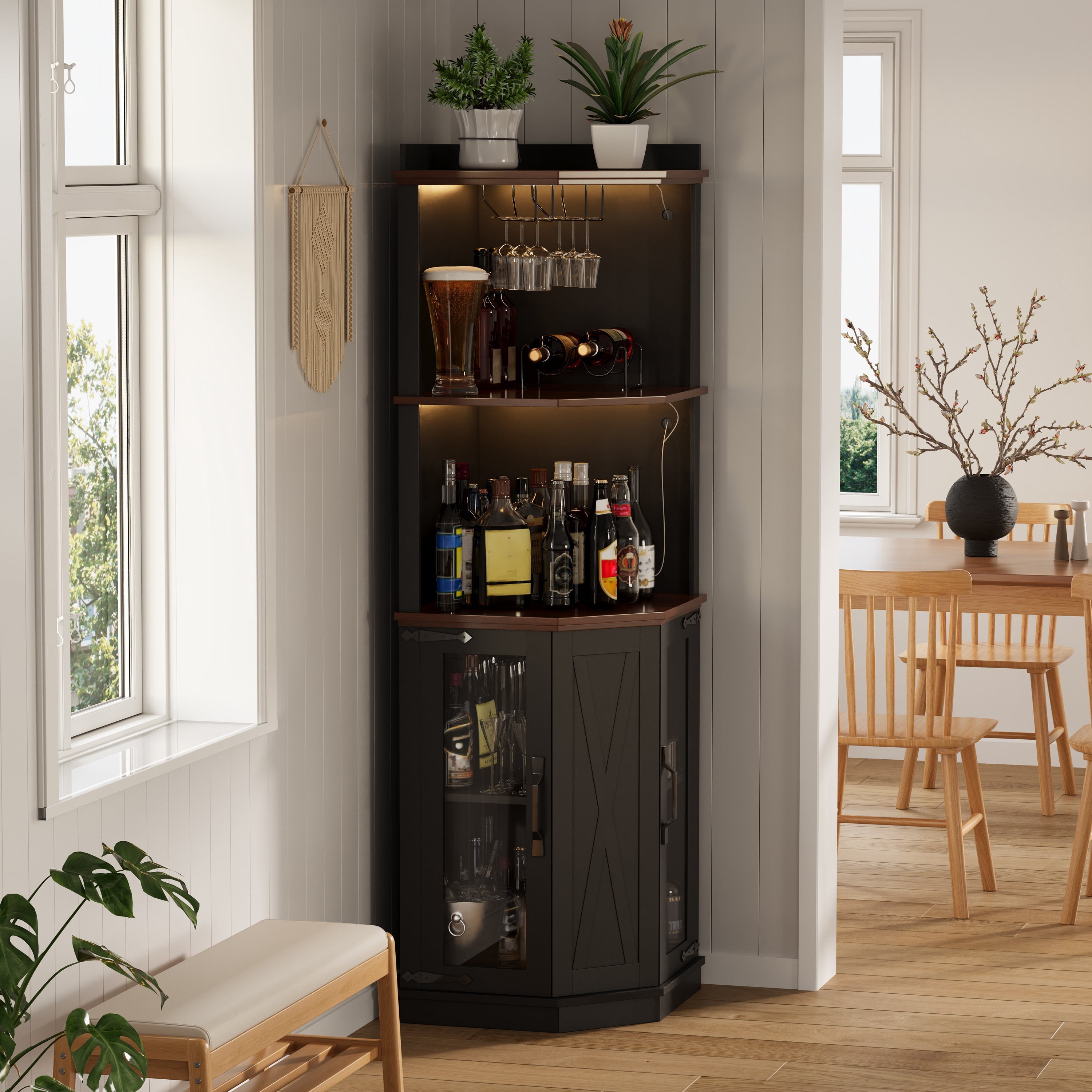 GARITIN 67.3 Inch Corner Bar Cabinet with Power Outlet, Farmhouse Wine Bar Cabinet with Adjustable Shelves, Lights & Glass Rack for Dining Room Living Room, Black