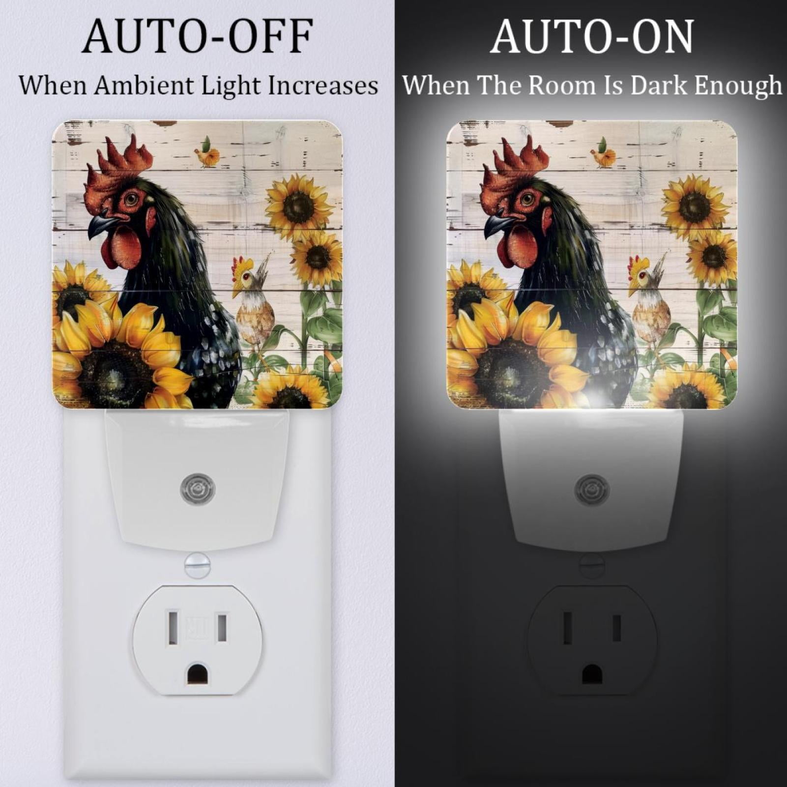 PhooArto Sunflower Rooster Wooden Board Plug in LED Night Light Auto Sensor Dusk to Dawn Decorative Night for Bedroom, Bathroom, Kitchen, Hallway, Stairs, Baby's Room, Energy Saving