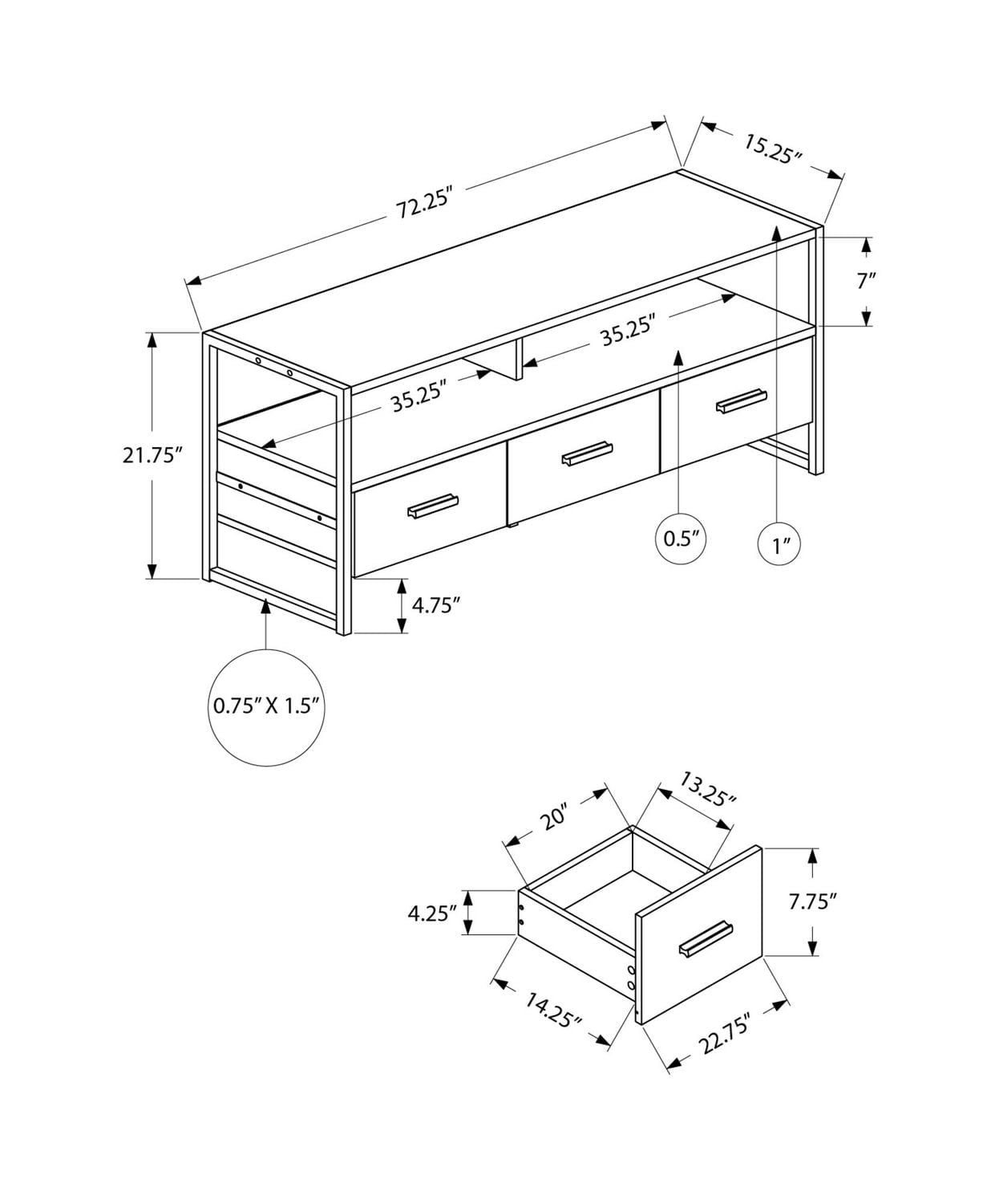 Monarch Specialties Tv Stand, 72 Inch, Media Entertainment Center, Storage Drawers, Black Laminate, Black Metal, Contemporary, Modern