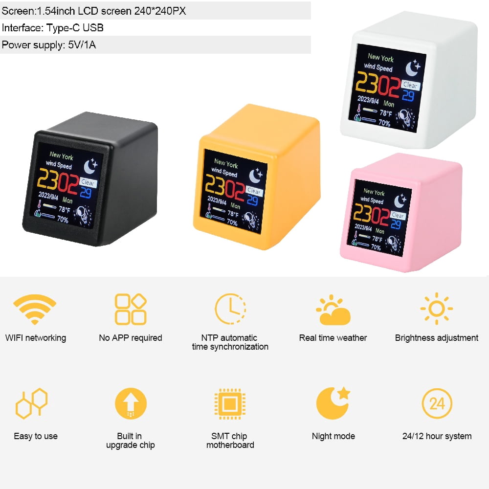 Compact WiFi Weather Clock, Smart Weather Station with LCD Color Screen Type-C Corded Powered Real-Time Updated
