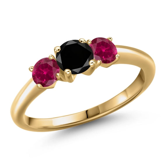 Gem Stone King 18K Yellow Gold Plated Silver Black Diamond and Red Created Ruby Engagement Ring for Women | 1.05 Cttw | Round 5MM | Gemstone April Birthstone | Size 6