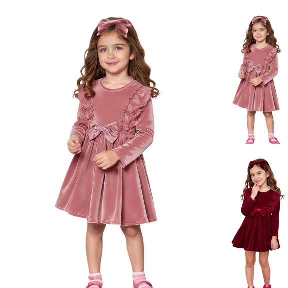 HJYCHN Toddler Dress Long Sleeve Party Gown with Lace and Bow for Christmas Girls Dress 4-5 Years