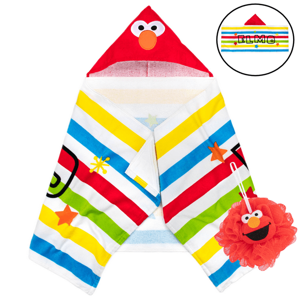 Elmo Kids Hooded Towel and Character Loofah Set, Cotton, Red, Sesame