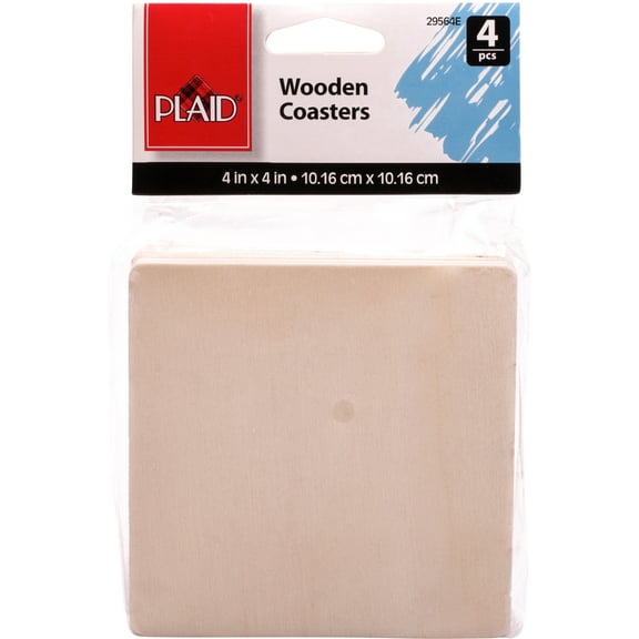 Plaid Unpainted Wood Surface, Square Coasters Set, 4 Piece, 4" x 4"