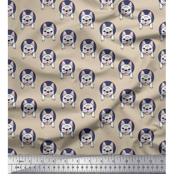 Soimoi Poly Georgette Fabric Circle & French Bull Dog Print Fabric by The Yard 42 Inch Wide