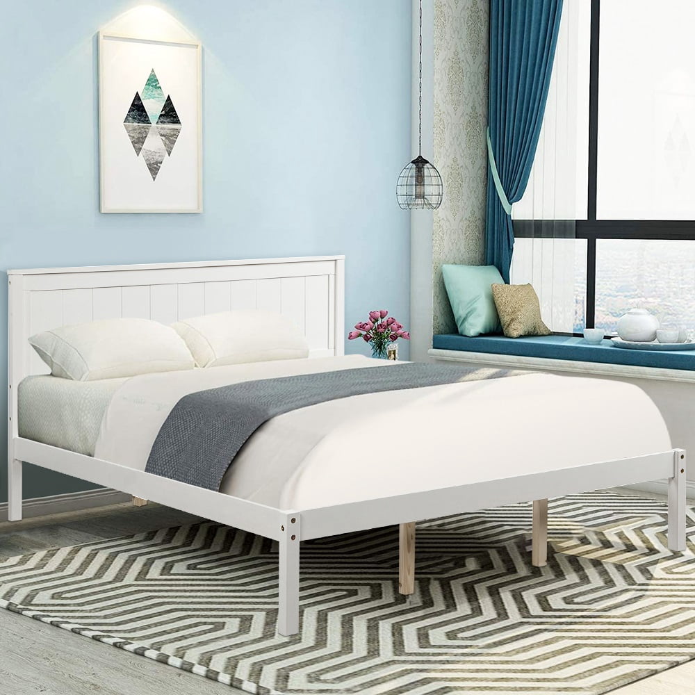White Queen Bed Frame, Modern Wood Platform Bed Frame with Headboard