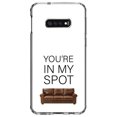 thumbnail image 1 of DistinctInk Clear Shockproof Hybrid Case for Samsung Galaxy S10e (5.8" Screen) - TPU Bumper, Acrylic Back, Tempered Glass Screen Protector - Brown Couch "You're in My Spot", 1 of 2
