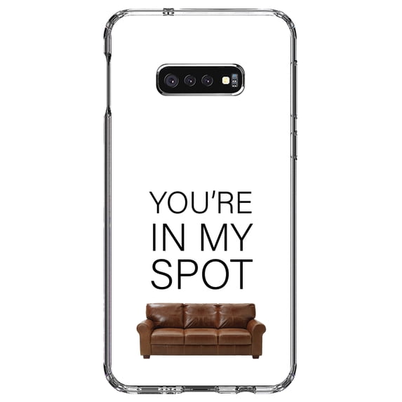 DistinctInk Clear Shockproof Hybrid Case for Samsung Galaxy S10e (5.8" Screen) - TPU Bumper, Acrylic Back, Tempered Glass Screen Protector - Brown Couch "You're in My Spot"