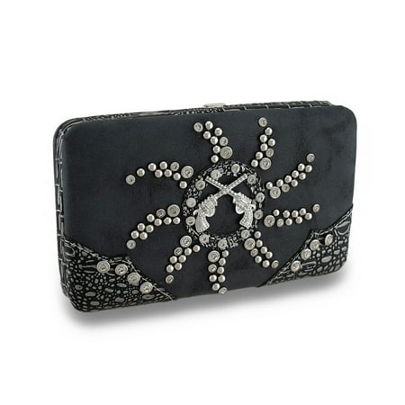 - Zeckos - Leather Look Crossed Pistols Rhinestone Sunburst Studded Hard Case Wallet - Black