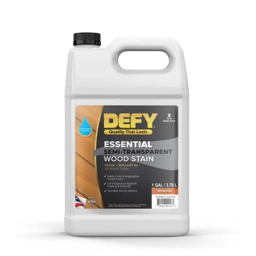 DEFY Essential Semi Transparent Exterior Deck Stain and Sealer - One Day Deck Stain & Fence Stain - 1 Gallon (Redwood)