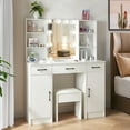 thumbnail image 3 of Caulitar Modern Vanity Desk with LED Lights & Stool, Hollywood Makeup Table with 3 Drawers, 4 Shelves and Storage Cabinet, for Bedroom, White, 3 of 9