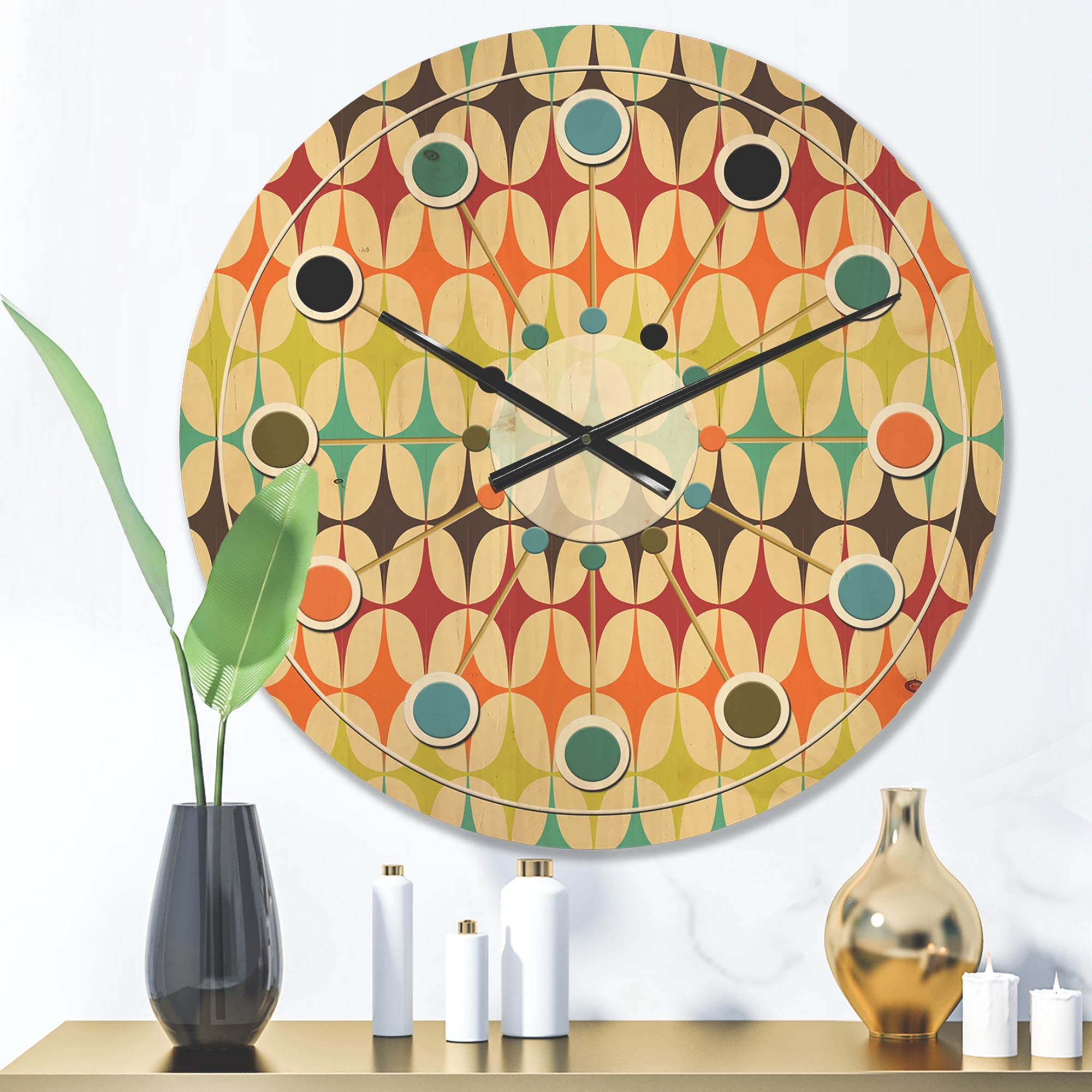 Designart 'Abstract Retro Geometric Pattern Design V' Mid-Century Modern Wood Wall Clock