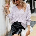 thumbnail image 4 of Suéter con cuello en V para mujer Moda Suelta Casual Color sólido Cuello en V Jersey Linterna Manga larga Suéter de punto hueco Púrpura claro S, 4 of 7