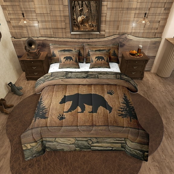 Erosebridal Rustic Bear Comforter Set 7 Pieces, Animals Hunt Bed Set Adults,1 Flat Sheet,2 Pillowcases,2 Throw Pillow Cover