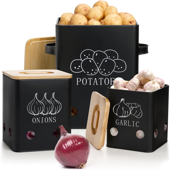 3 Pack Vegetable Storage Tins, Potato Onion Garlic Storage Canister, Black Metal Vegetable Fresh Keeper Caddy, Kitchen Pantry Organizer Jars with Bamboo Lid and Aerating Holes