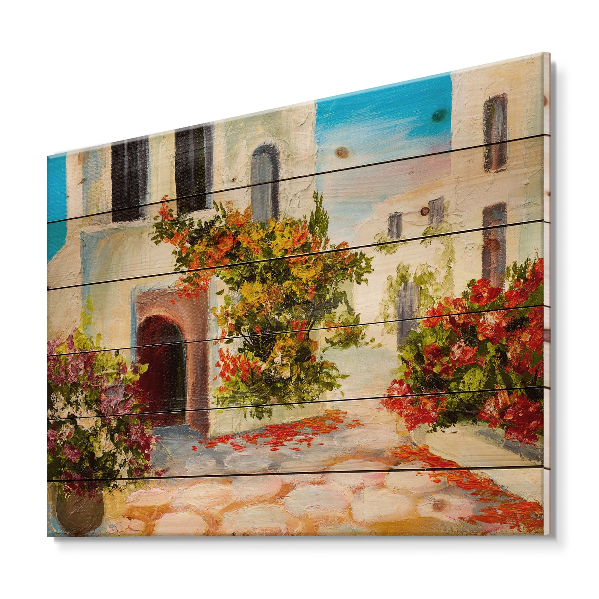 Designart 'The Mountain With Flowers With Little House I' Nautical & Coastal Print on Natural Pine Wood