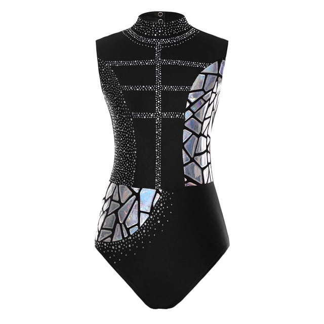 Choomomo Women One Piece Shiny Rhinestone Athletic Gymnastics Leotards Color Block Figure Ice Skating Costume Black S