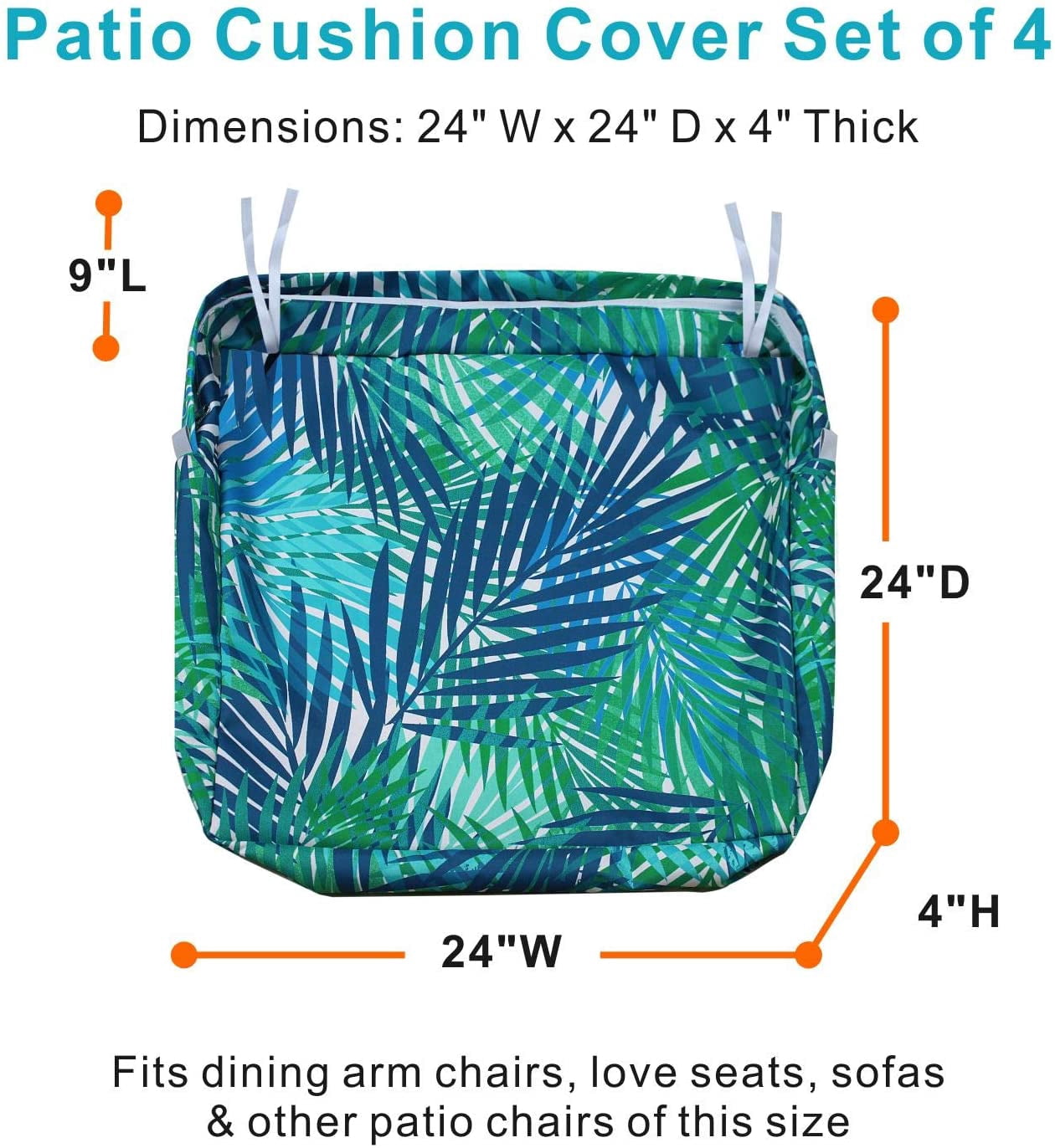 Outdoor Chair Seat Cushion Covers 24 x 24 Inch Waterproof Patio Furniture Cushion Slipcovers with Zipper, Replacement Cover Only