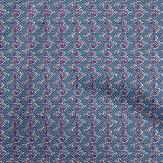 oneOone Cotton Silk Medium Blue Fabric Kalamkari Fish Dress Material Fabric Print Fabric By The Yard 42 Inch Wide