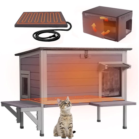 Aivituvin Cat House with Insulated Liner, Heated Feral Cats Shelter, Time Temperature Control, Weatherproof Cat Condos Outdoor Indoor