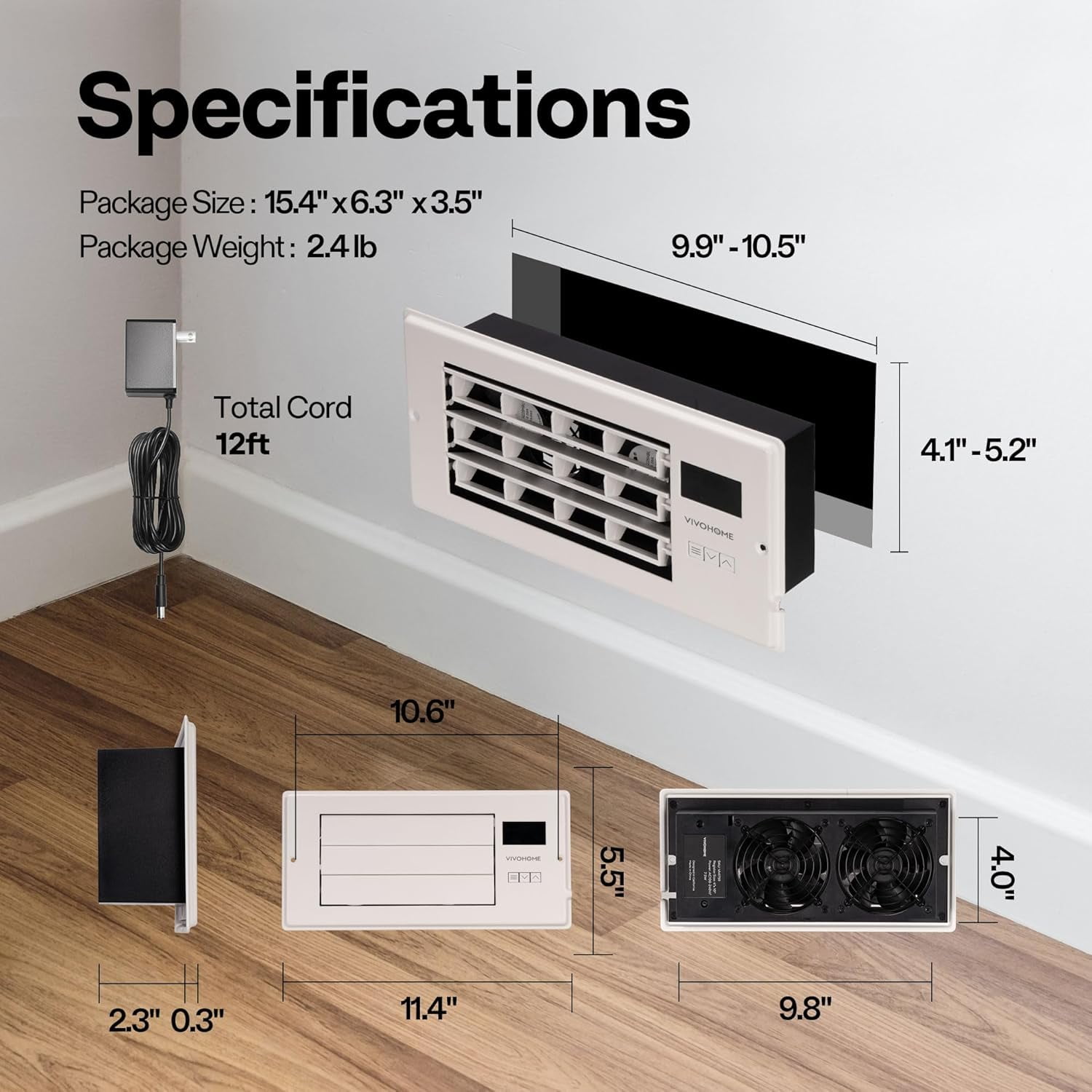 SPECSTAR 4'' x 10'' Opening Register Booster Fan with Adjustable Wind Direction Louver, Smart Intelligent Thermostat & 10-Speed Remote Control - 11.4" x 5.5" Vent Cover for Room, Floor, Wall - White