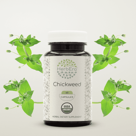HerbEra Chickweed Capsules, Organic Herbal Dietary Supplement for Skin Support, Certified Organic Chickweed (Stellaria Media) Dried Above-Ground Parts Capsules, Natural, 60 Capsules