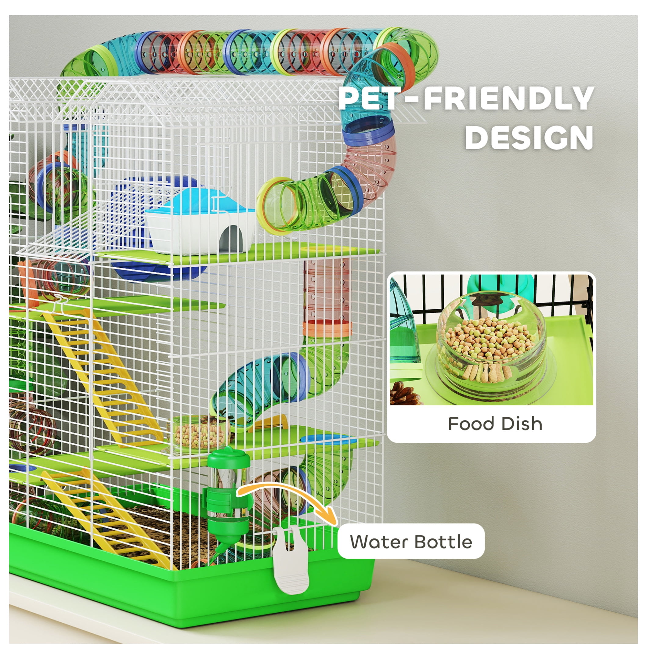 Hamster Cage 5 Tier with Tubes & Wheel, Small Animal Cage for Gerbil Rats, 18.5 Inch Green Habitat