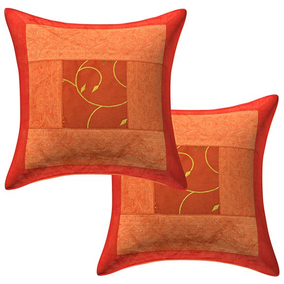 Stylo Culture Indian Chair Seat Throw Pillow Covers Embroidered 16 x 16 Brocade Patchwork Orange Traditional 40x40 cm Bedroom Polydupion Floral Square Cushion Covers | Set Of 2