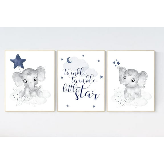 UNFFRAMED Luvia Set of 3 Elephant Nursery Poster, Navy Blue Baby Room Decor for Boys, Twinkle Little Star Theme, Modern Nursery Prints Set 3 Prints 8x12