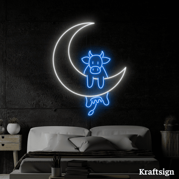 Craftnamesign Cow On Moon Neon Sign, Kid Room Wall Art, Bedroom Decor