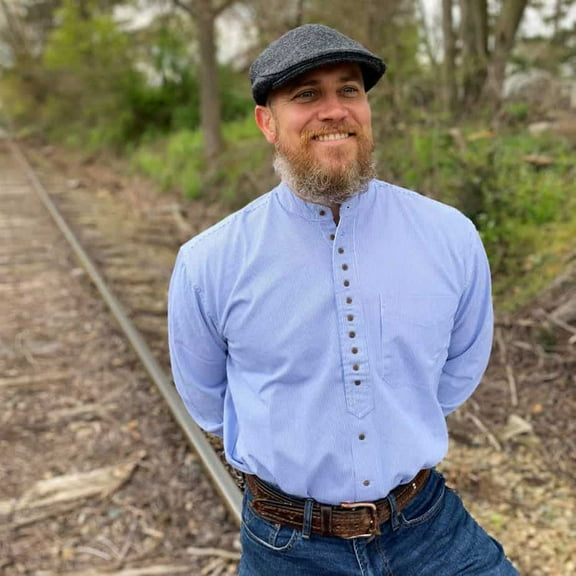 Men's Irish Grandfather Shirt- Long Sleeve, Blue and White Pinstripe, Medium